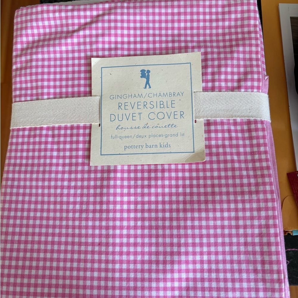 Pottery Barn Kids Reversible Gingham/Chambray Duvet Cover Full/Queen Pink NWT